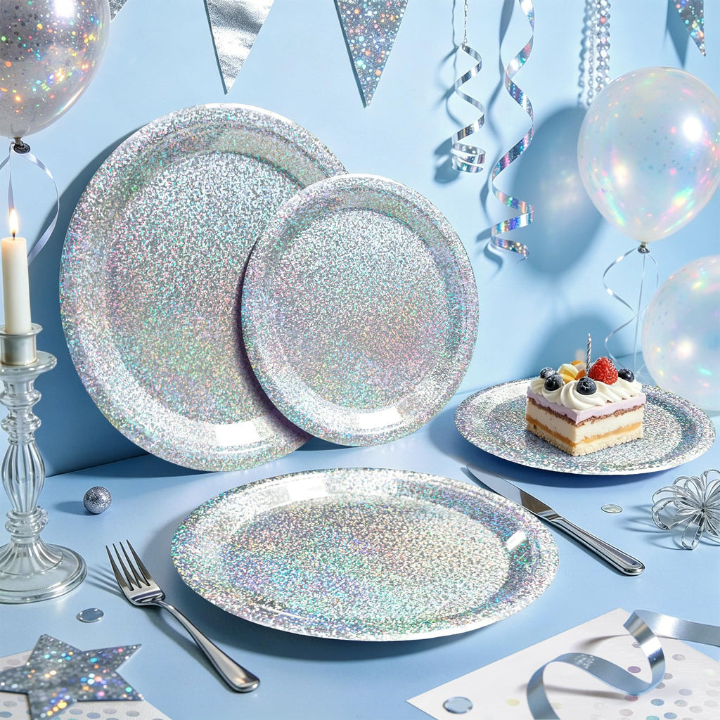 Purple Iridescent Paper Plates & Napkins Set, 75pcs Disposable Party Tableware with 9" Dinner Plates, 7" Dessert Plates & 6.5" Napkins, Holographic Dot Design for Birthday, Music Theme, Night Party