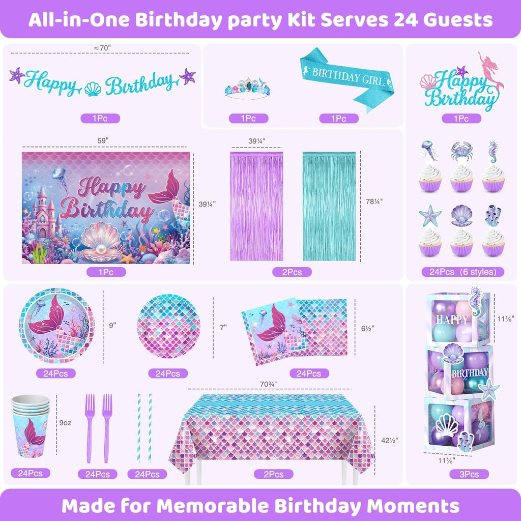 Hand-Drawn Mermaid Birthday Decorations, Under the Sea Party Supplies Kit (Unicorn Birthday)