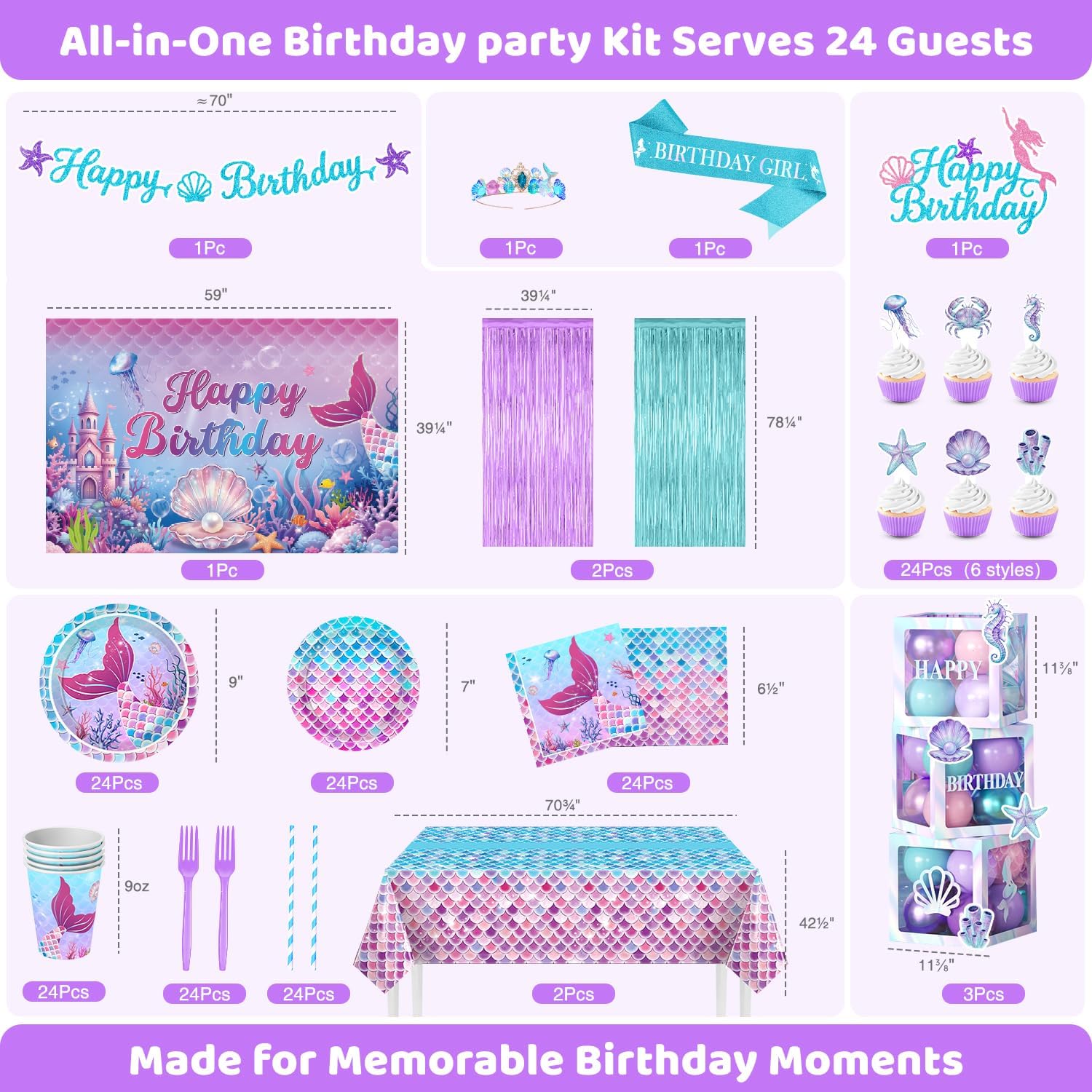 Hand-Drawn Mermaid Birthday Decorations, Under the Sea Party Supplies Kit (Unicorn Birthday)