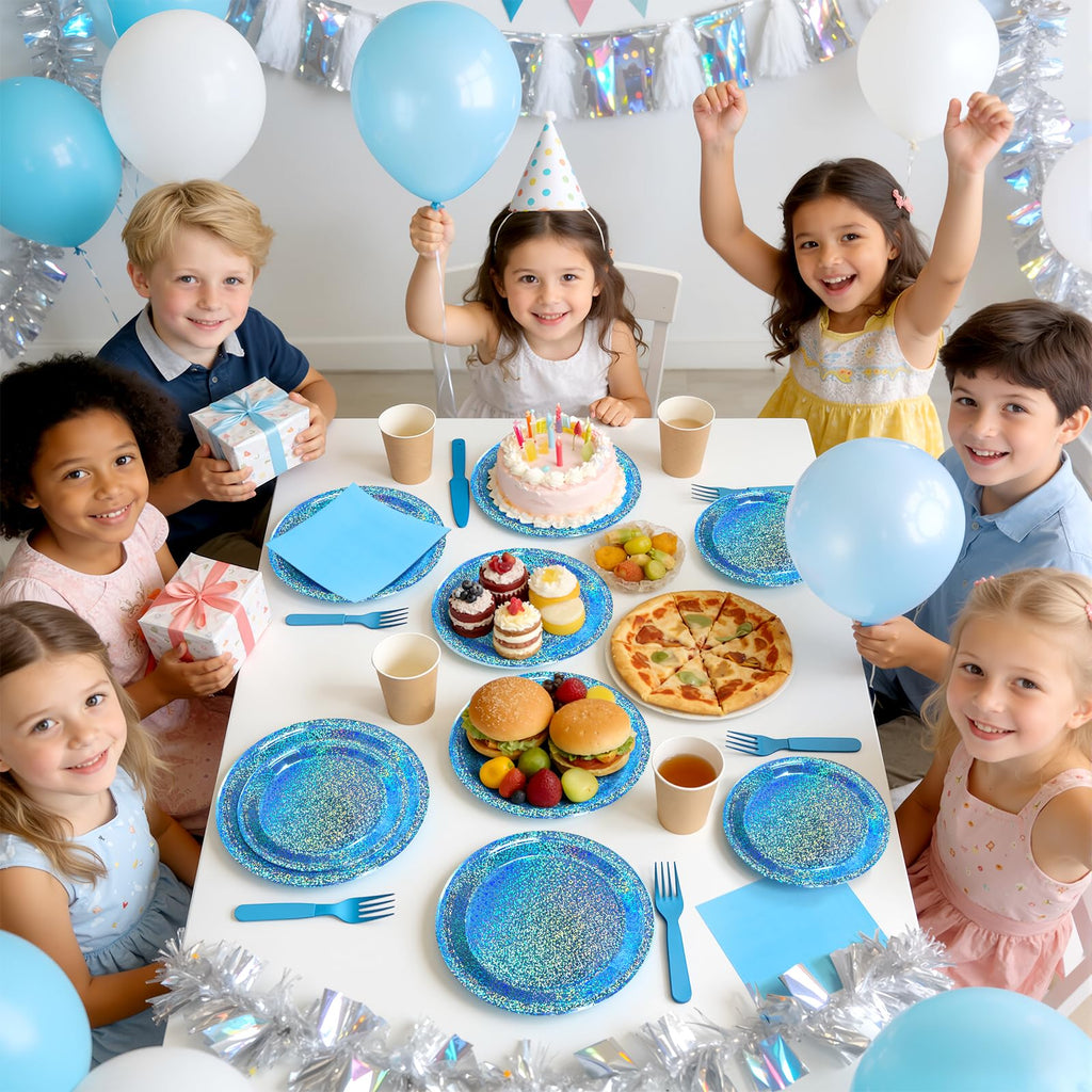 Purple Iridescent Paper Plates & Napkins Set, 75pcs Disposable Party Tableware with 9" Dinner Plates, 7" Dessert Plates & 6.5" Napkins, Holographic Dot Design for Birthday, Music Theme, Night Party