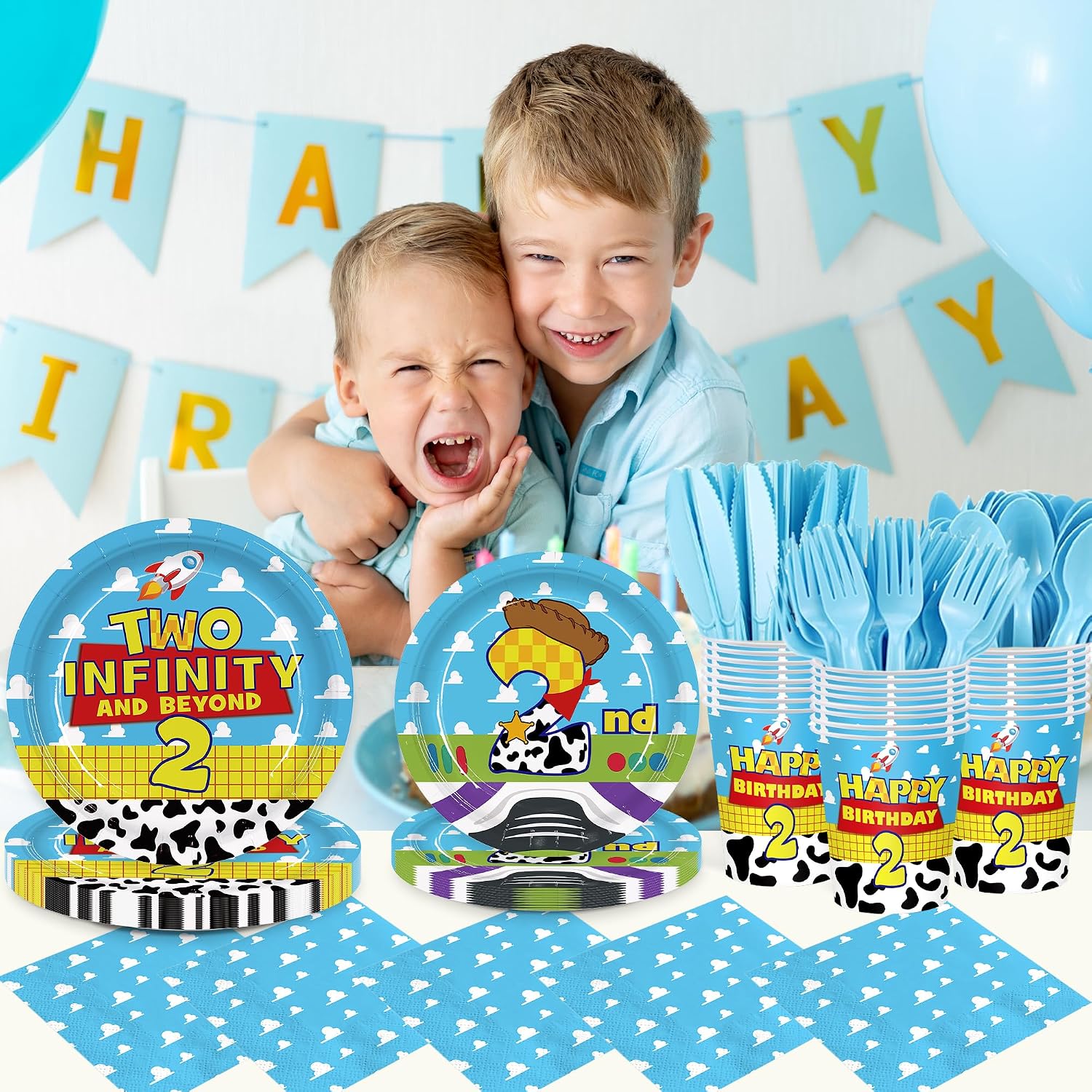 168Pcs 2nd Birthday Paper Plates Napkins Two Years Old Party Supplies | Disposable Tableware Set for Boys Birthday Party Serve 24 Guests