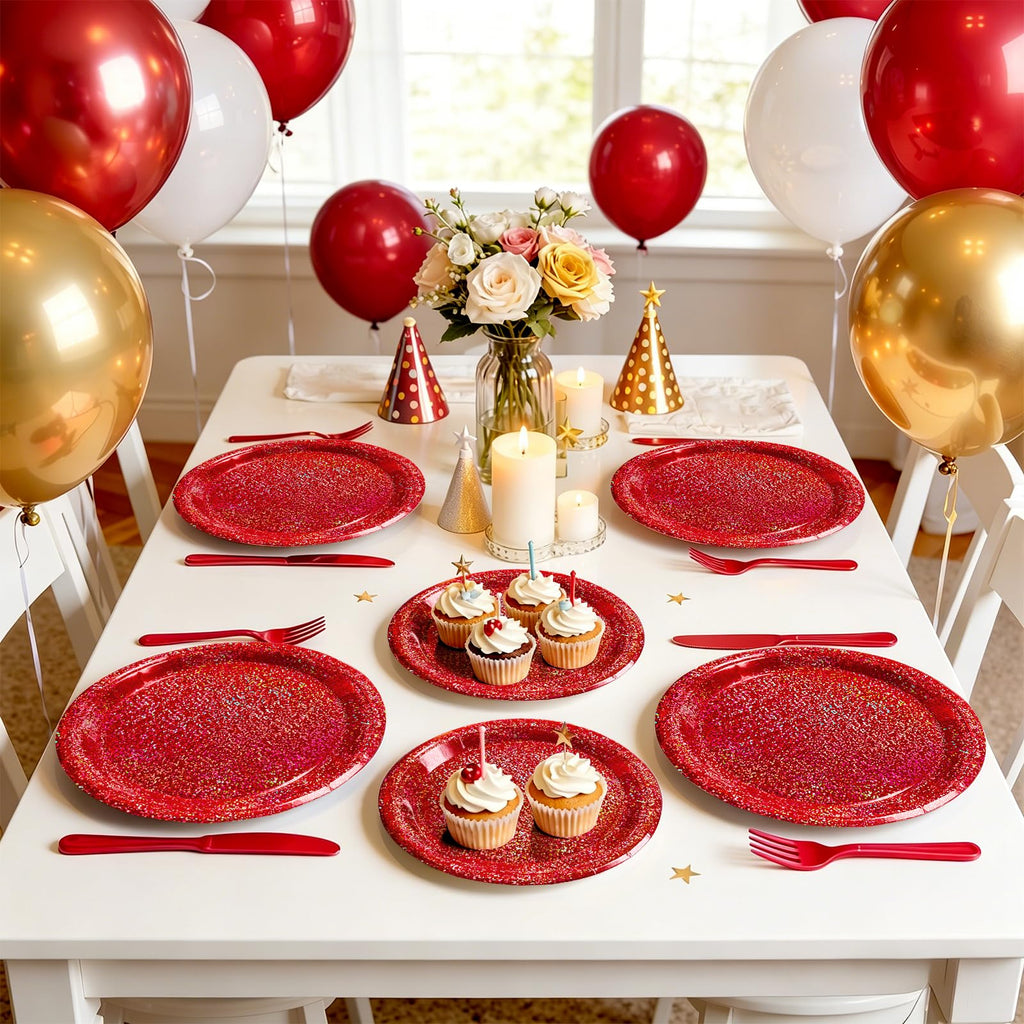 Purple Iridescent Paper Plates & Napkins Set, 75pcs Disposable Party Tableware with 9" Dinner Plates, 7" Dessert Plates & 6.5" Napkins, Holographic Dot Design for Birthday, Music Theme, Night Party