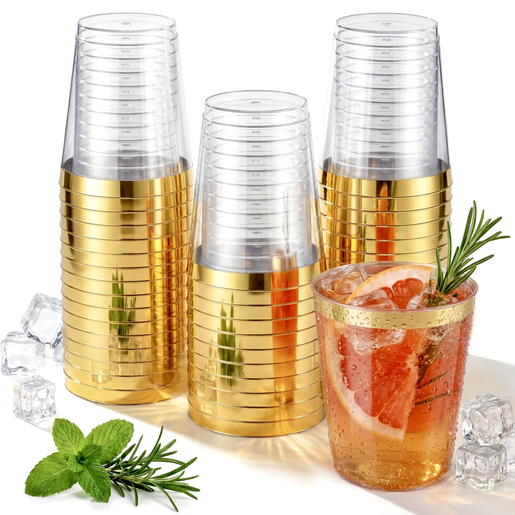 Nervure 120PC 9Oz Gold Rimmed Plastic Cups - Heavy Duty plastic