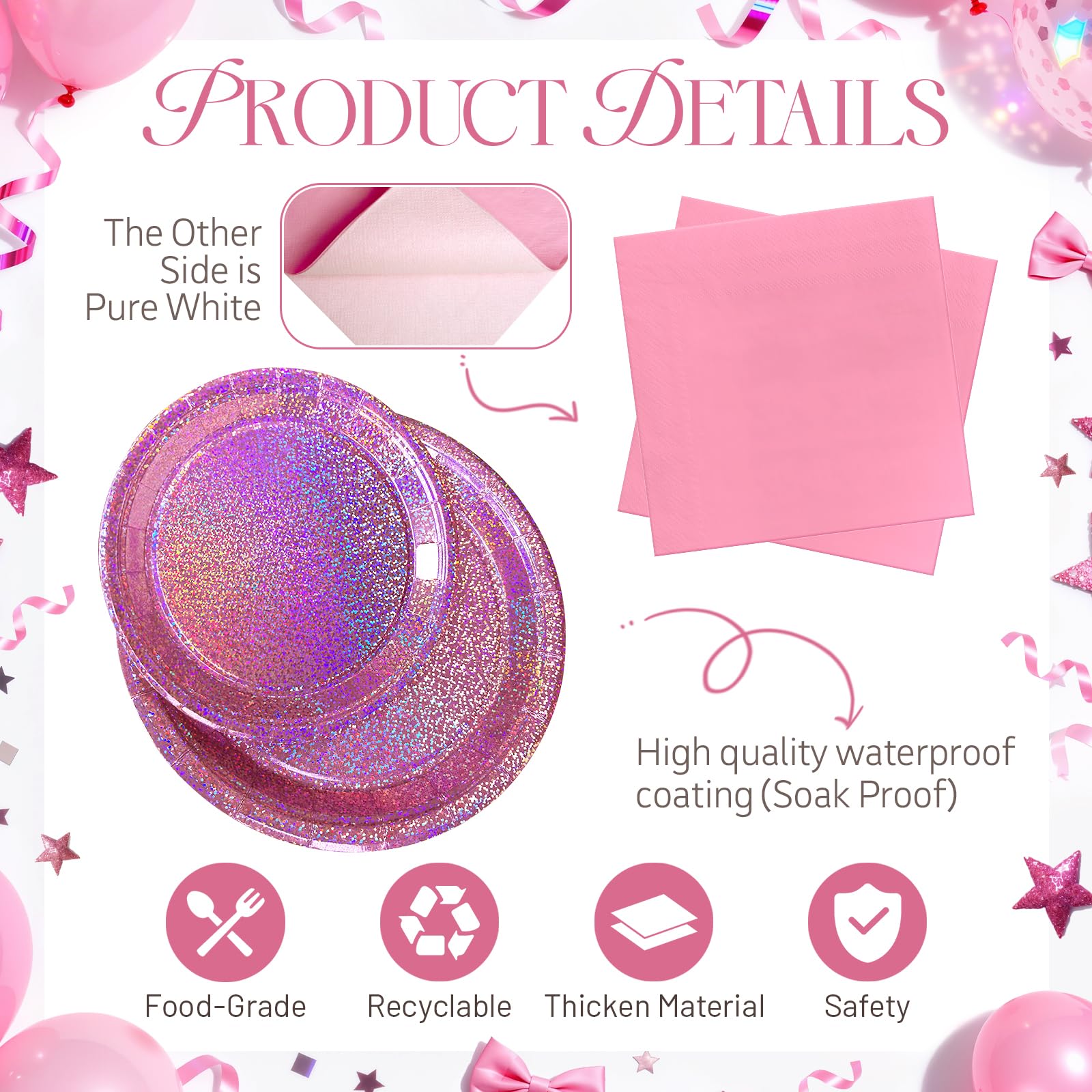Purple Iridescent Paper Plates & Napkins Set, 75pcs Disposable Party Tableware with 9" Dinner Plates, 7" Dessert Plates & 6.5" Napkins, Holographic Dot Design for Birthday, Music Theme, Night Party