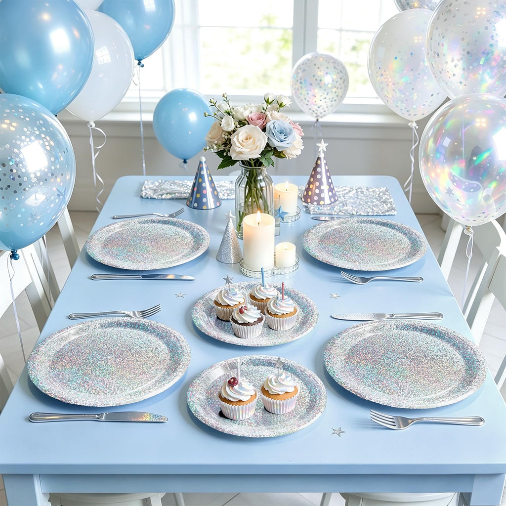 Purple Iridescent Paper Plates & Napkins Set, 75pcs Disposable Party Tableware with 9" Dinner Plates, 7" Dessert Plates & 6.5" Napkins, Holographic Dot Design for Birthday, Music Theme, Night Party