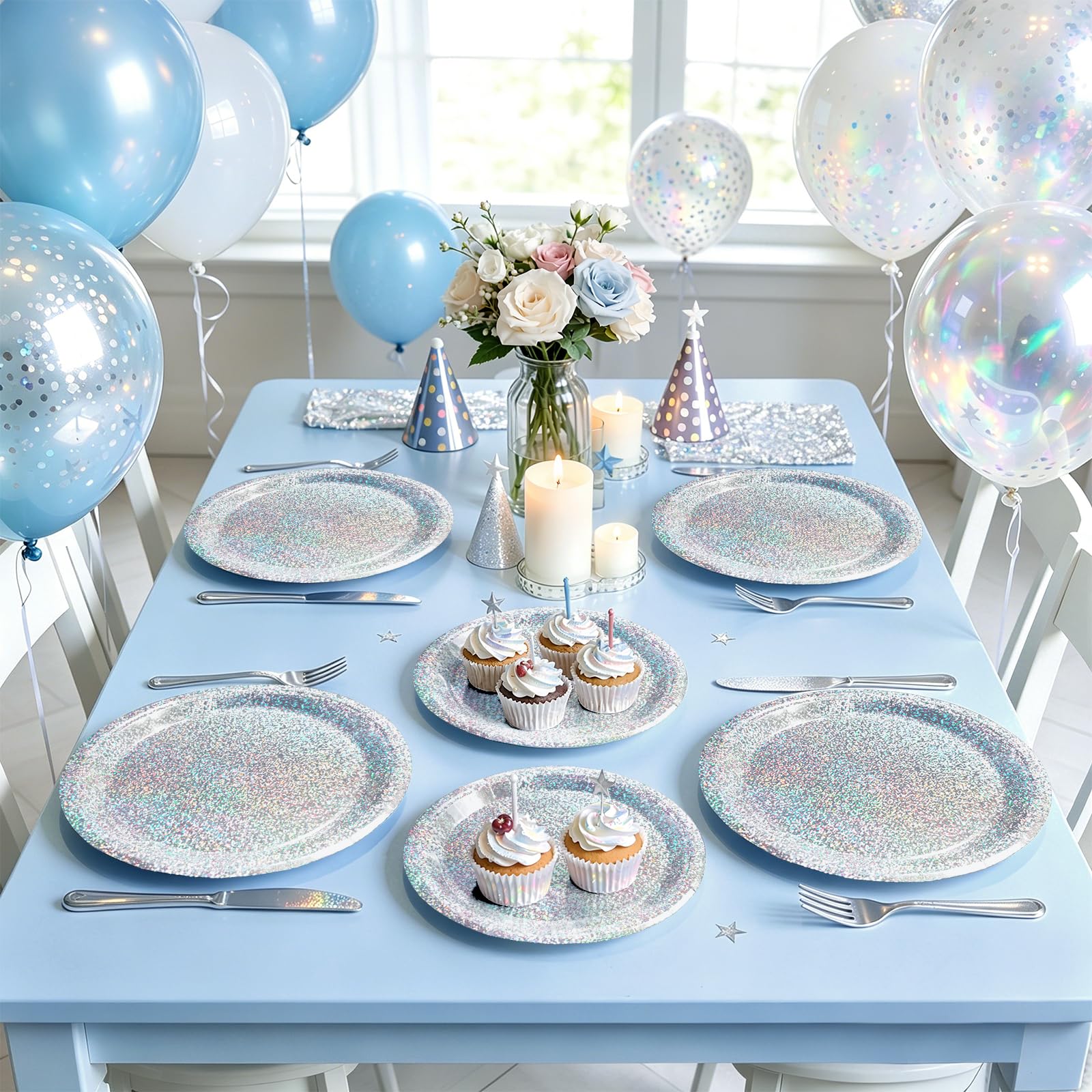 Purple Iridescent Paper Plates & Napkins Set, 75pcs Disposable Party Tableware with 9" Dinner Plates, 7" Dessert Plates & 6.5" Napkins, Holographic Dot Design for Birthday, Music Theme, Night Party