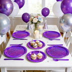 Purple Iridescent Paper Plates & Napkins Set, 75pcs Disposable Party Tableware with 9" Dinner Plates, 7" Dessert Plates & 6.5" Napkins, Holographic Dot Design for Birthday, Music Theme, Night Party