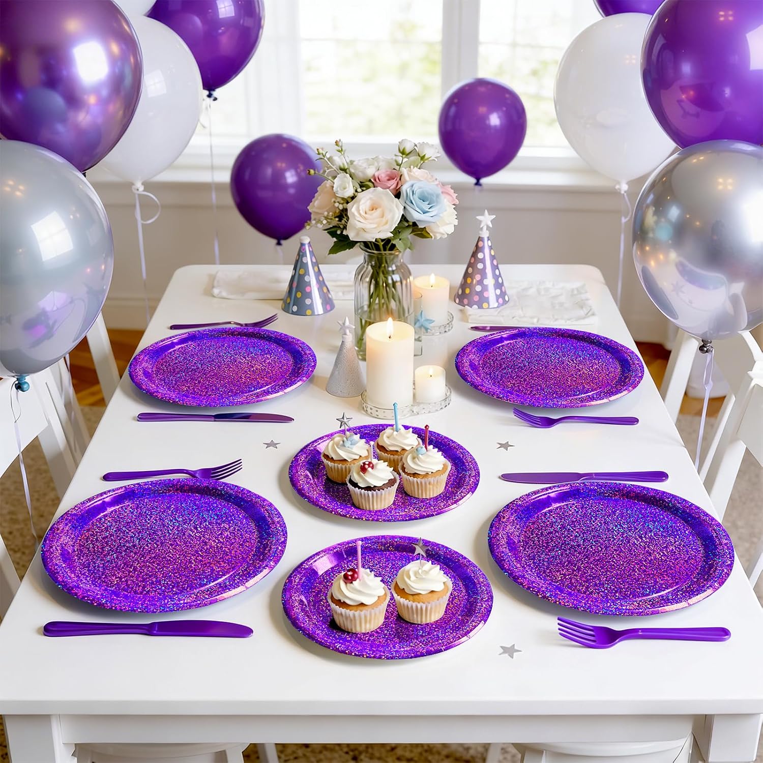 Purple Iridescent Paper Plates & Napkins Set, 75pcs Disposable Party Tableware with 9" Dinner Plates, 7" Dessert Plates & 6.5" Napkins, Holographic Dot Design for Birthday, Music Theme, Night Party