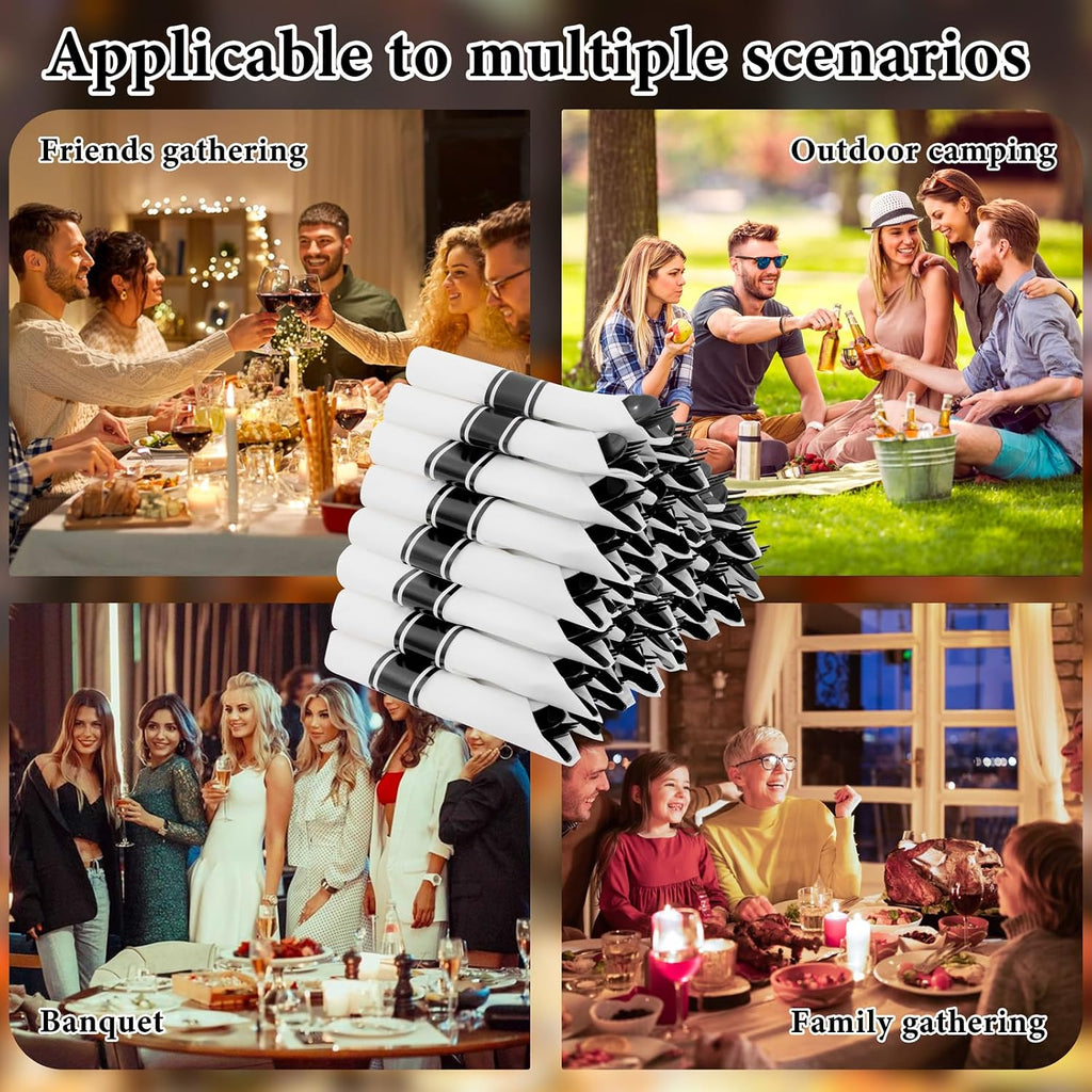 120 Pack Black Plastic Silverware Rolled Silverware Disposable | Pre Rolled Silverware Set Disposable Wrapped Cutlery Set for Catering, Parties, Wedding, Birthday& Special Events