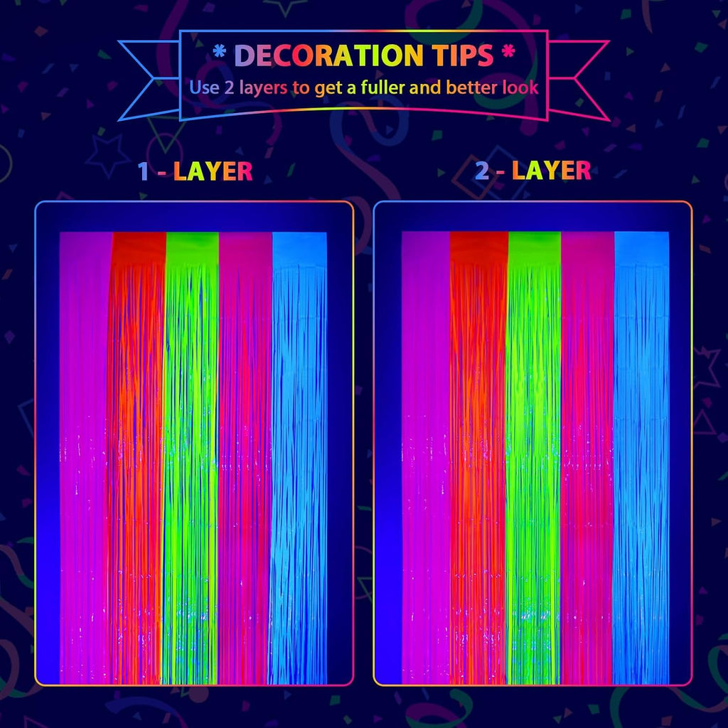 Mega-L Glow in The Dark Party Supplies, Neon Multicolor Backdrop, 2 Pack | Fluorescent Tinsel Foil Fringe Curtains, Neon Backdrop Streamers for Birthday, Halloween, New Year, Graduation Party