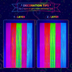 Mega-L Glow in The Dark Party Supplies, Neon Multicolor Backdrop, 2 Pack | Fluorescent Tinsel Foil Fringe Curtains, Neon Backdrop Streamers for Birthday, Halloween, New Year, Graduation Party