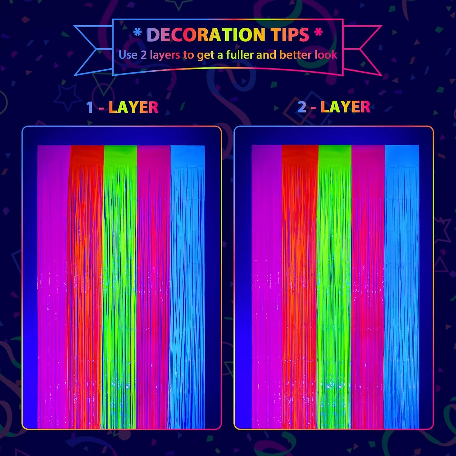 Mega-L Glow in The Dark Party Supplies, Neon Multicolor Backdrop, 2 Pack | Fluorescent Tinsel Foil Fringe Curtains, Neon Backdrop Streamers for Birthday, Halloween, New Year, Graduation Party
