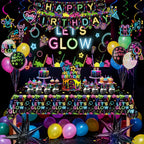 118Pcs Glow in the Dark Party Supplies, Neon Party Decorations with Neon Balloon Arch Kit, Backdrop, Tablecloth, Banner, Hanging Swirls, Cake Topper, Glow Party Supplies for 24 Guests