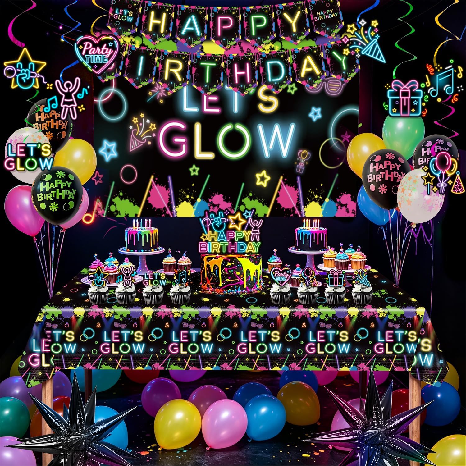 118Pcs Glow in the Dark Party Supplies, Neon Party Decorations with Neon Balloon Arch Kit, Backdrop, Tablecloth, Banner, Hanging Swirls, Cake Topper, Glow Party Supplies for 24 Guests