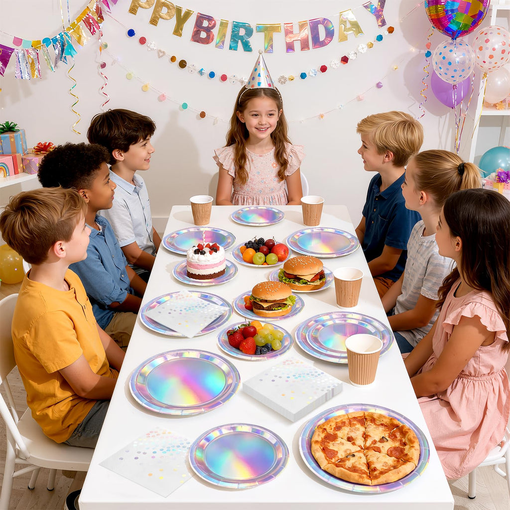Purple Iridescent Paper Plates & Napkins Set, 75pcs Disposable Party Tableware with 9" Dinner Plates, 7" Dessert Plates & 6.5" Napkins, Holographic Dot Design for Birthday, Music Theme, Night Party