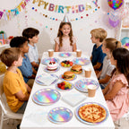 Purple Iridescent Paper Plates & Napkins Set, 75pcs Disposable Party Tableware with 9" Dinner Plates, 7" Dessert Plates & 6.5" Napkins, Holographic Dot Design for Birthday, Music Theme, Night Party