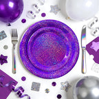 Purple Iridescent Paper Plates & Napkins Set, 75pcs Disposable Party Tableware with 9" Dinner Plates, 7" Dessert Plates & 6.5" Napkins, Holographic Dot Design for Birthday, Music Theme, Night Party