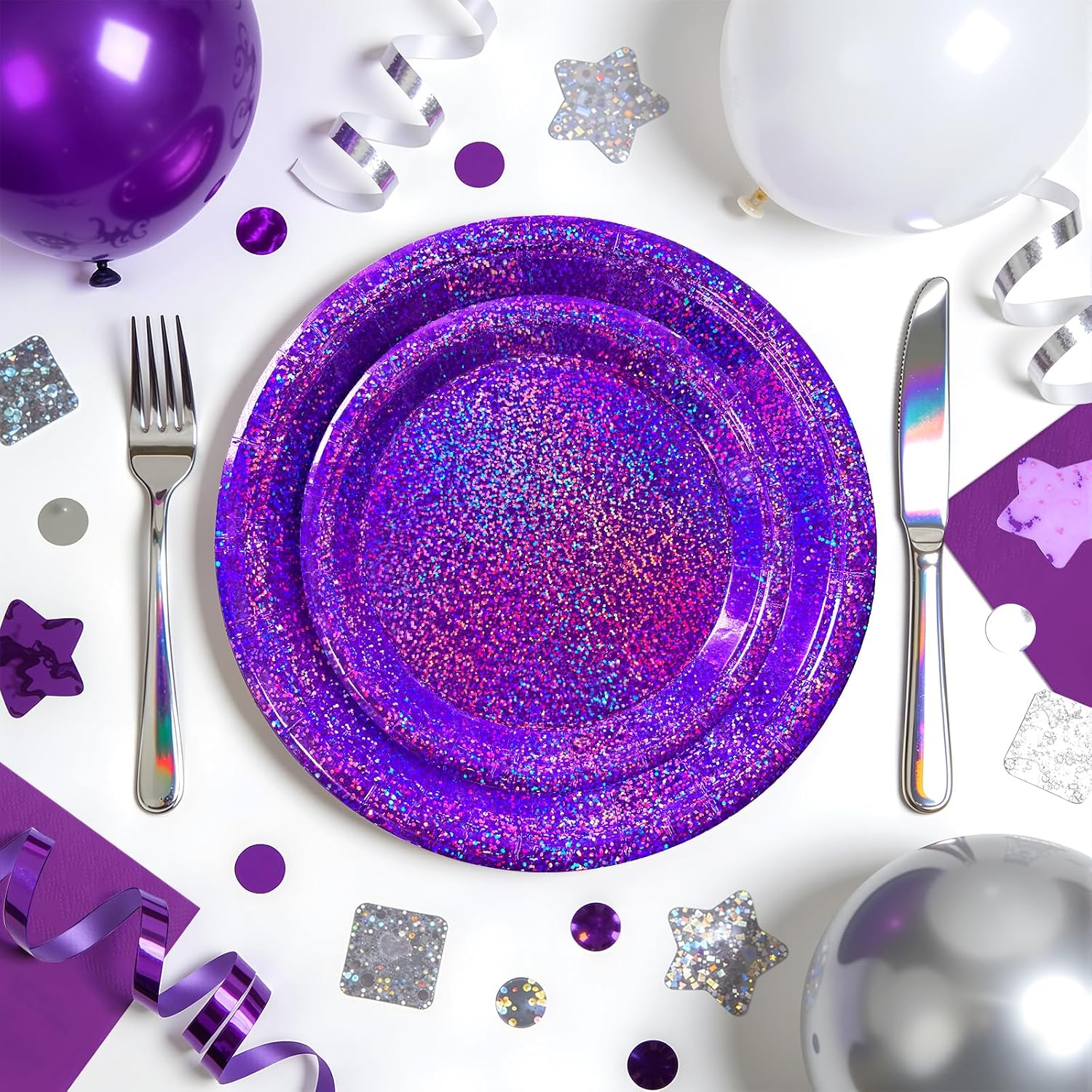 Purple Iridescent Paper Plates & Napkins Set, 75pcs Disposable Party Tableware with 9" Dinner Plates, 7" Dessert Plates & 6.5" Napkins, Holographic Dot Design for Birthday, Music Theme, Night Party