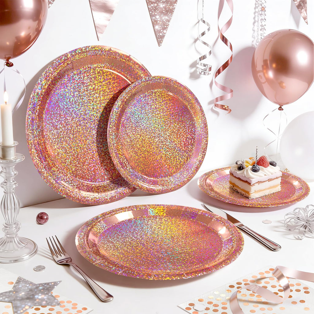 Purple Iridescent Paper Plates & Napkins Set, 75pcs Disposable Party Tableware with 9" Dinner Plates, 7" Dessert Plates & 6.5" Napkins, Holographic Dot Design for Birthday, Music Theme, Night Party