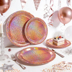 Purple Iridescent Paper Plates & Napkins Set, 75pcs Disposable Party Tableware with 9" Dinner Plates, 7" Dessert Plates & 6.5" Napkins, Holographic Dot Design for Birthday, Music Theme, Night Party