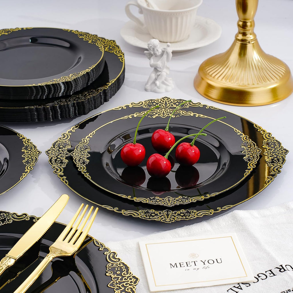 realluck 175 Piece Green and Gold Dinnerware Set for 25 Guests | Disposable Dinnerware Includes: 50 Disposable Plates, 75 Silverwares, 25 Cups, 25 Napkins for Party, Wedding, Graduation