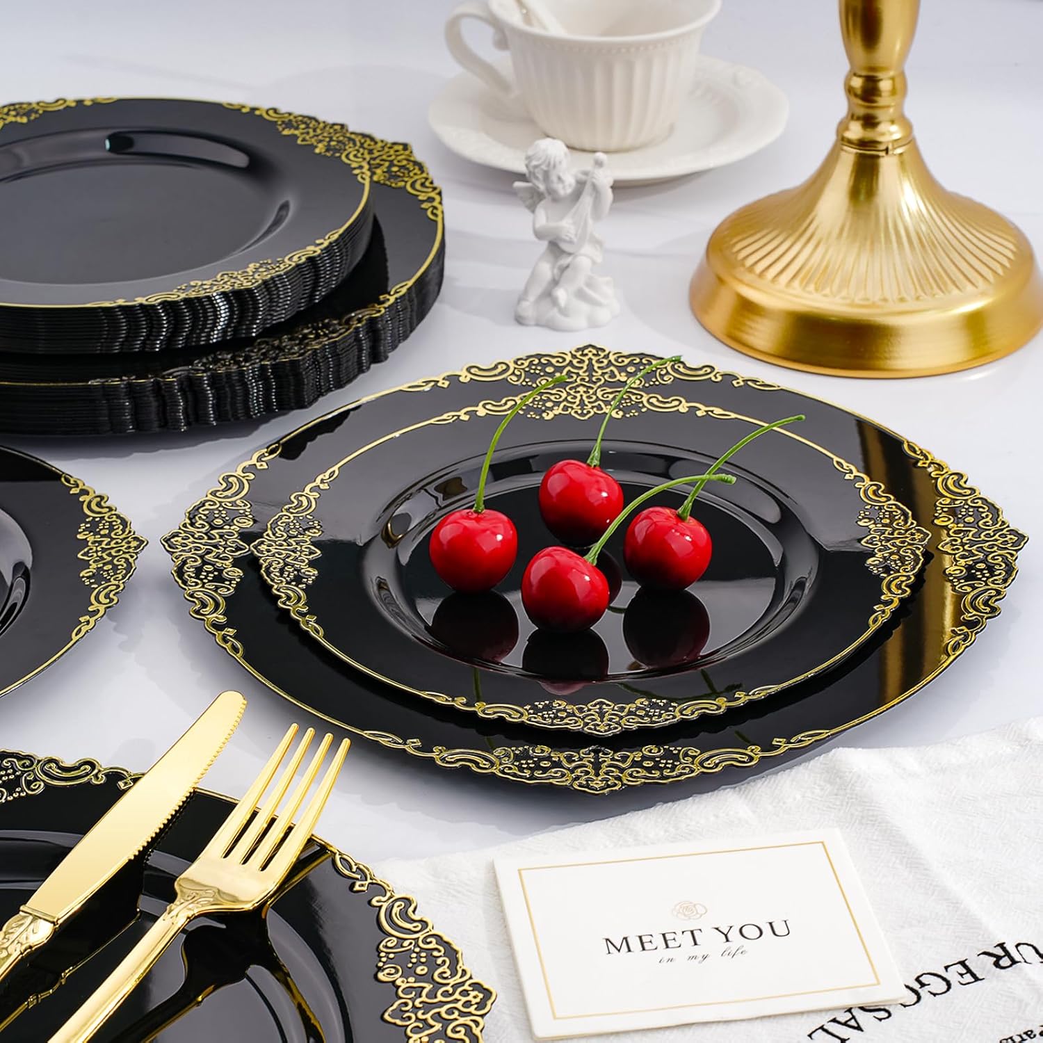 realluck 175 Piece Green and Gold Dinnerware Set for 25 Guests | Disposable Dinnerware Includes: 50 Disposable Plates, 75 Silverwares, 25 Cups, 25 Napkins for Party, Wedding, Graduation