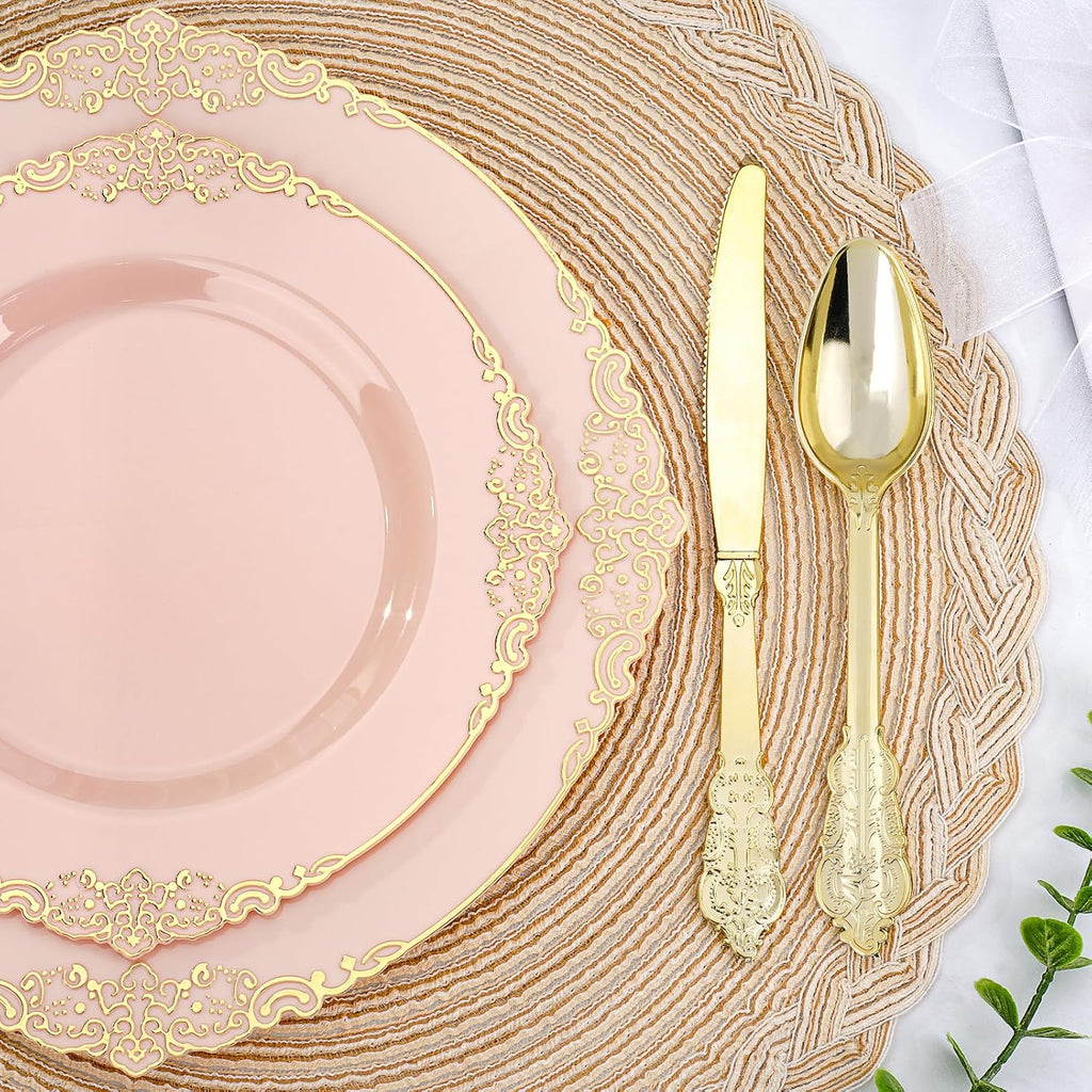 realluck 175 Piece Green and Gold Dinnerware Set for 25 Guests | Disposable Dinnerware Includes: 50 Disposable Plates, 75 Silverwares, 25 Cups, 25 Napkins for Party, Wedding, Graduation