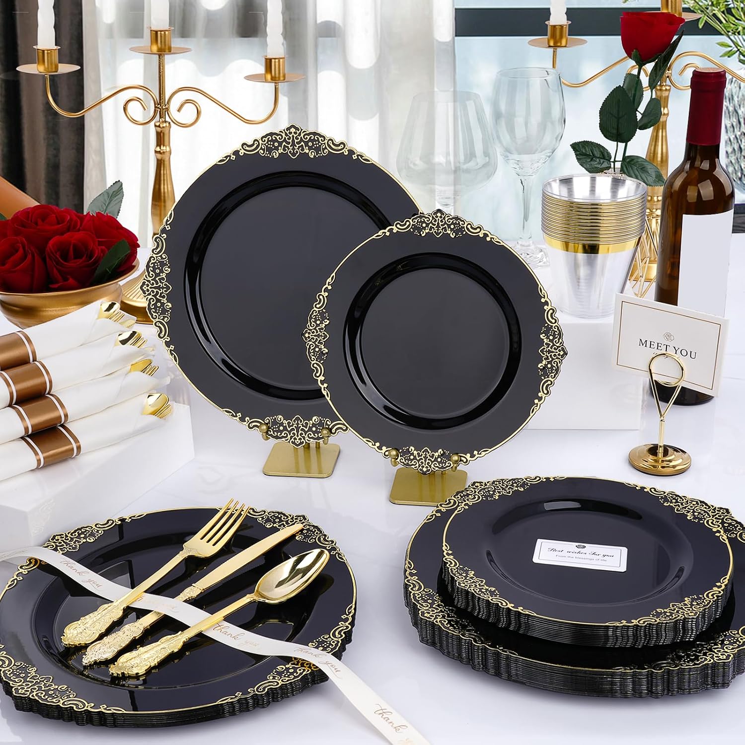 realluck 175 Piece Green and Gold Dinnerware Set for 25 Guests | Disposable Dinnerware Includes: 50 Disposable Plates, 75 Silverwares, 25 Cups, 25 Napkins for Party, Wedding, Graduation
