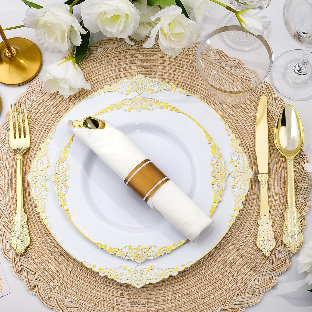 realluck 175 Piece Green and Gold Dinnerware Set for 25 Guests | Disposable Dinnerware Includes: 50 Disposable Plates, 75 Silverwares, 25 Cups, 25 Napkins for Party, Wedding, Graduation