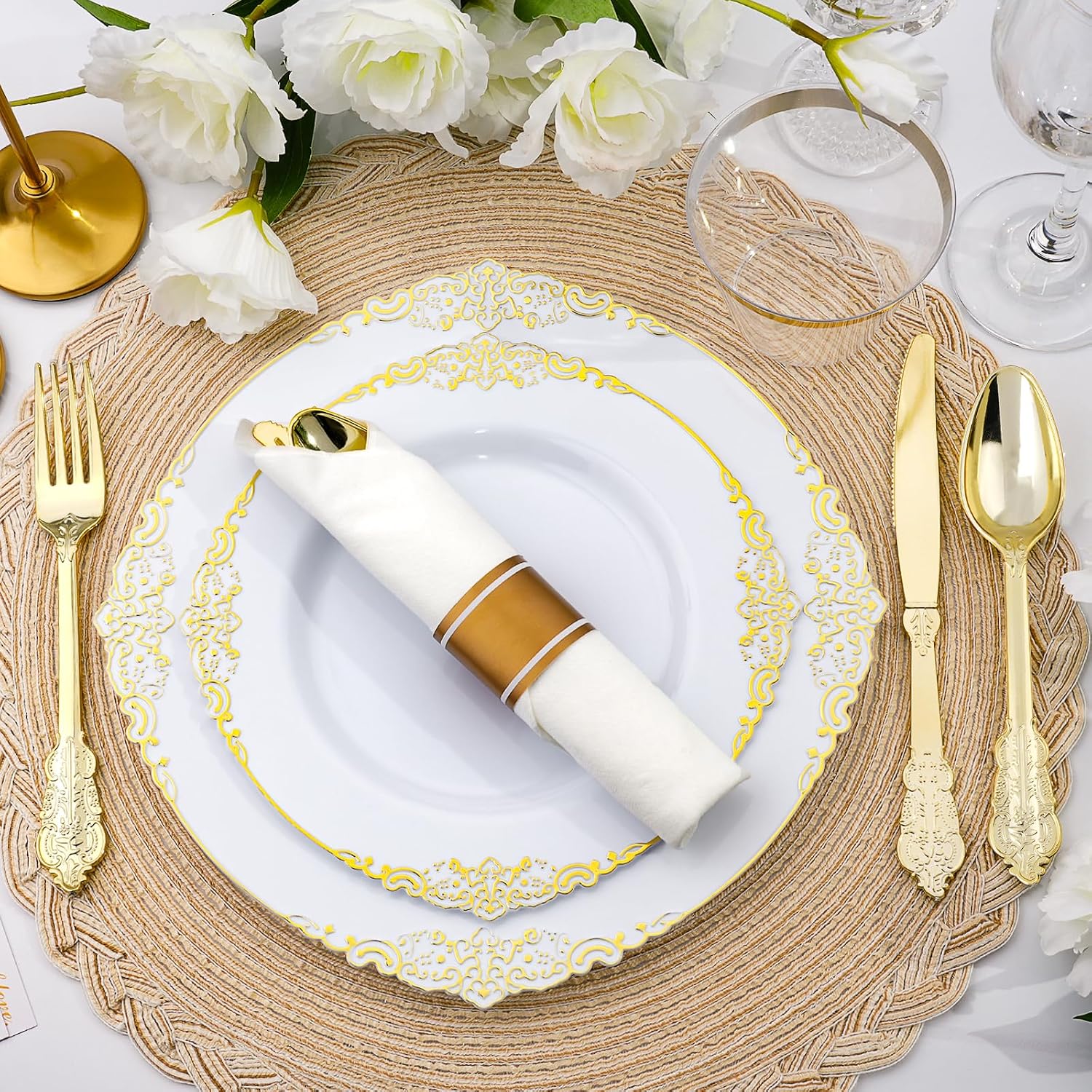 realluck 175 Piece Green and Gold Dinnerware Set for 25 Guests | Disposable Dinnerware Includes: 50 Disposable Plates, 75 Silverwares, 25 Cups, 25 Napkins for Party, Wedding, Graduation