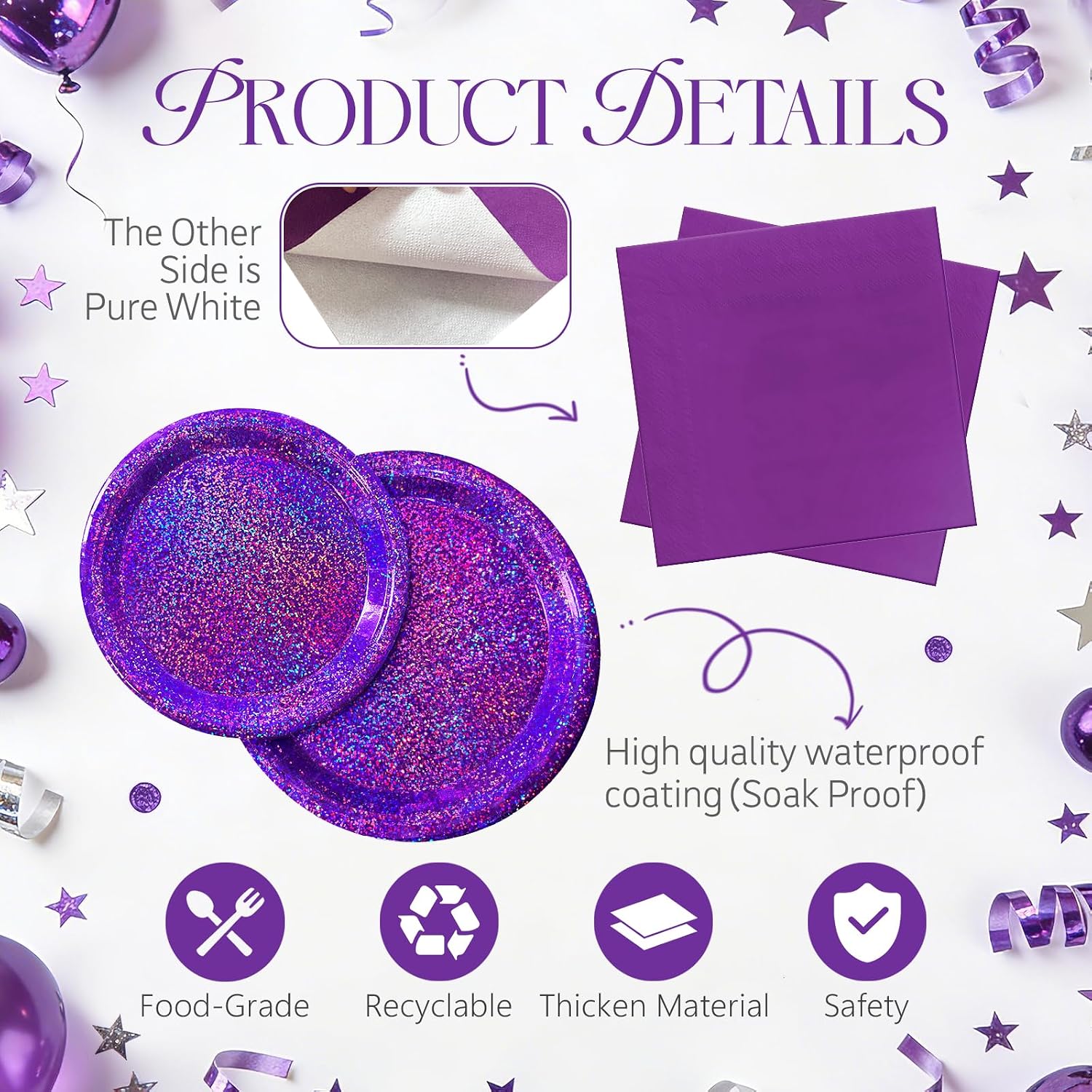 Purple Iridescent Paper Plates & Napkins Set, 75pcs Disposable Party Tableware with 9" Dinner Plates, 7" Dessert Plates & 6.5" Napkins, Holographic Dot Design for Birthday, Music Theme, Night Party