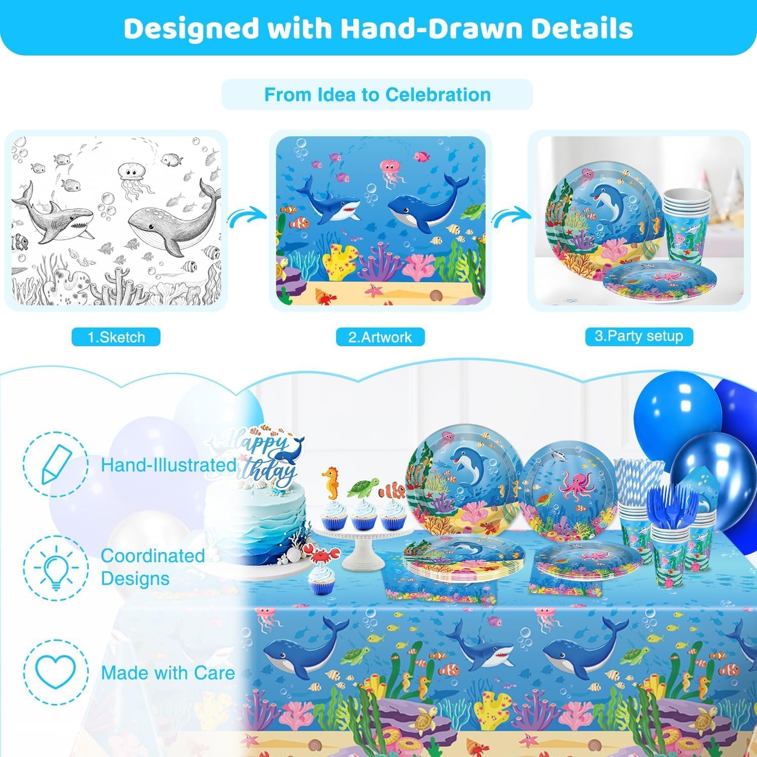 Hand-Drawn Mermaid Birthday Decorations, Under the Sea Party Supplies Kit (Unicorn Birthday)