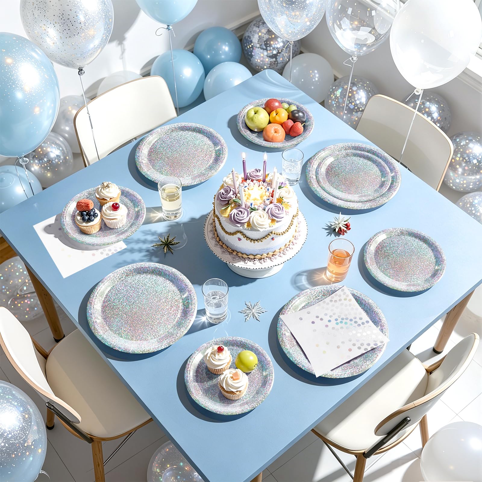 Purple Iridescent Paper Plates & Napkins Set, 75pcs Disposable Party Tableware with 9" Dinner Plates, 7" Dessert Plates & 6.5" Napkins, Holographic Dot Design for Birthday, Music Theme, Night Party