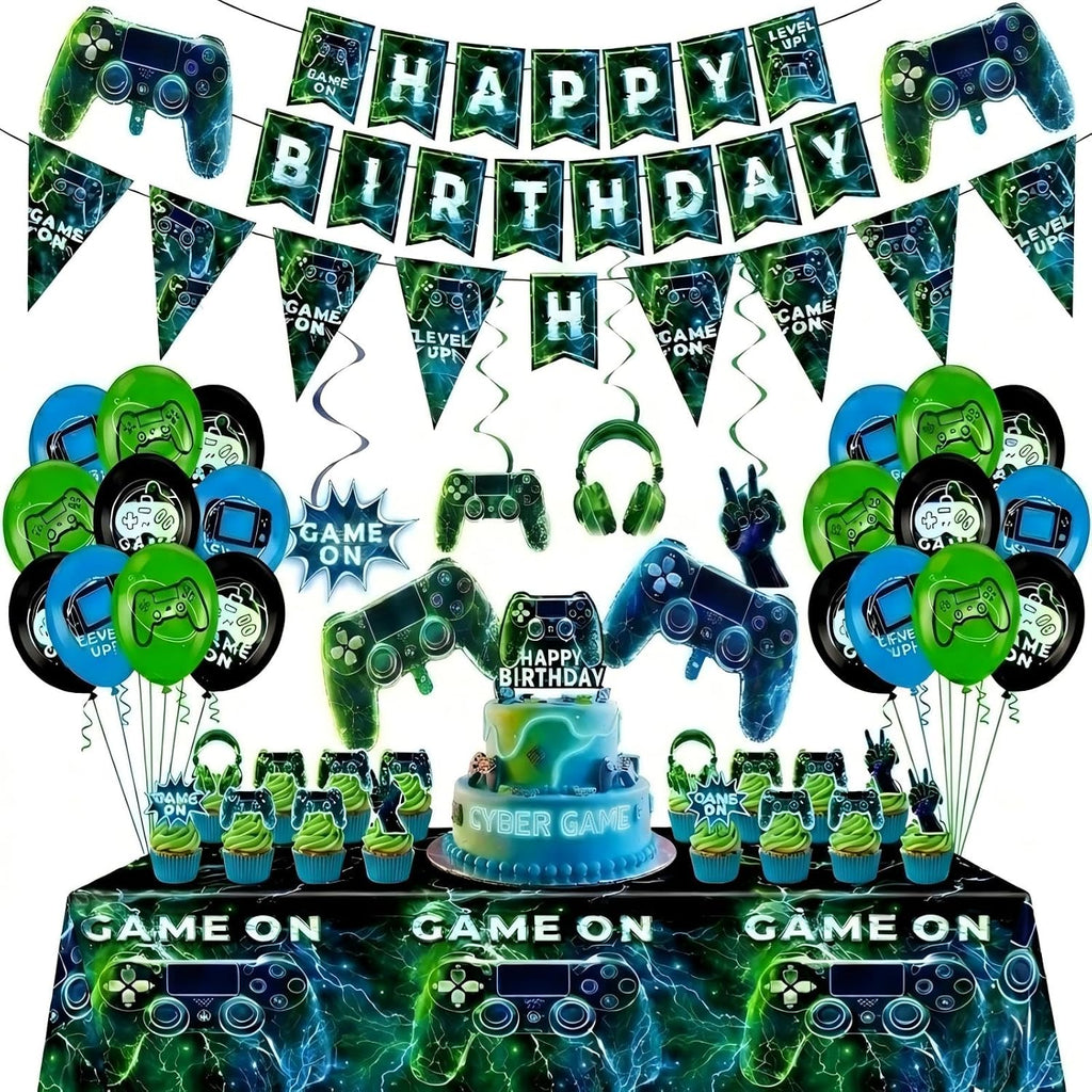 77Pcs Video Game Party Decor: Birthday Balloons, Banner, Tablecloth Kit | Gamer supplies for boys. Includes swirls, insert cards. Vibrant theme. Easy setup for kids celebrations.