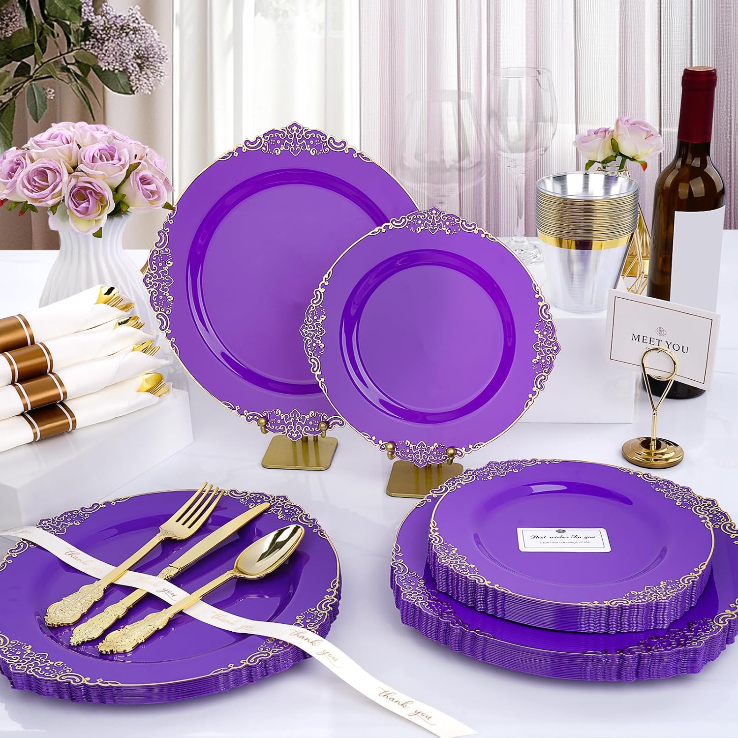 realluck 175 Piece Green and Gold Dinnerware Set for 25 Guests | Disposable Dinnerware Includes: 50 Disposable Plates, 75 Silverwares, 25 Cups, 25 Napkins for Party, Wedding, Graduation