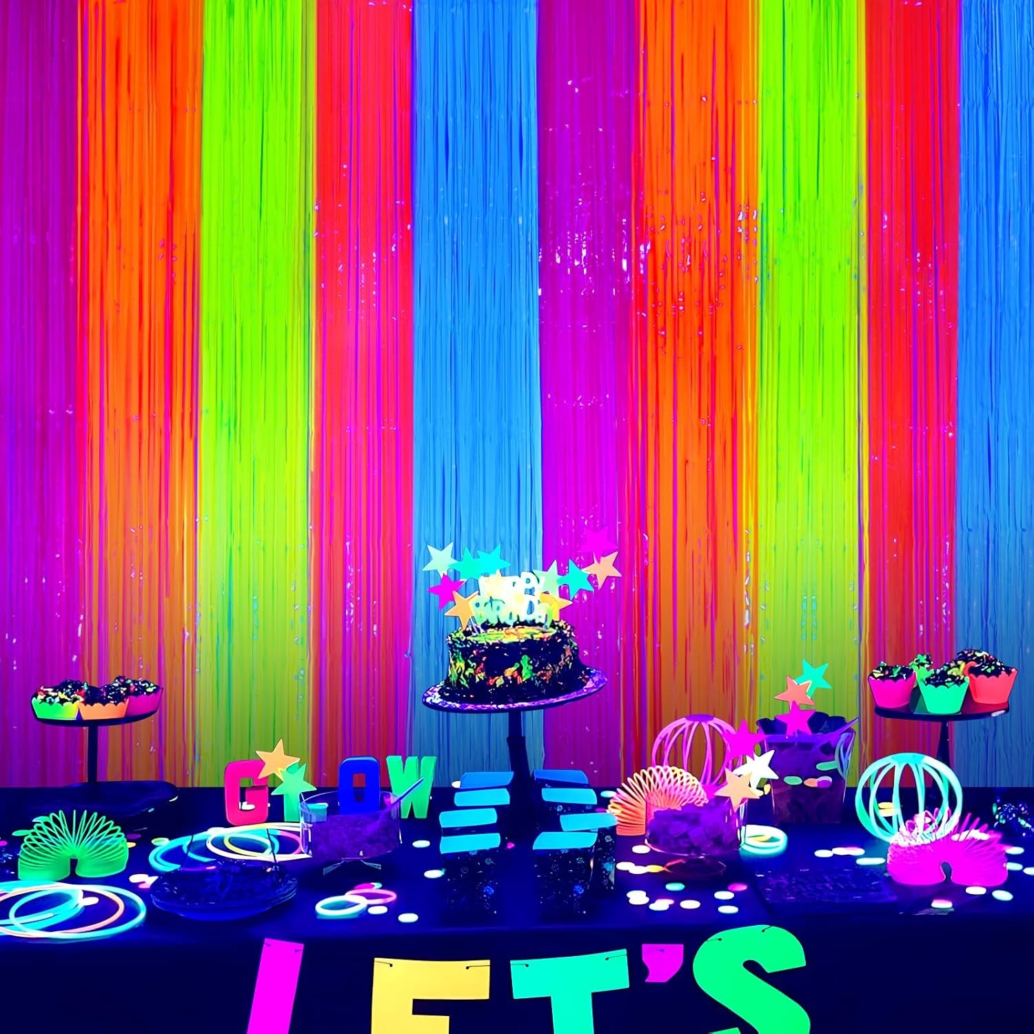 Mega-L Glow in The Dark Party Supplies, Neon Multicolor Backdrop, 2 Pack | Fluorescent Tinsel Foil Fringe Curtains, Neon Backdrop Streamers for Birthday, Halloween, New Year, Graduation Party