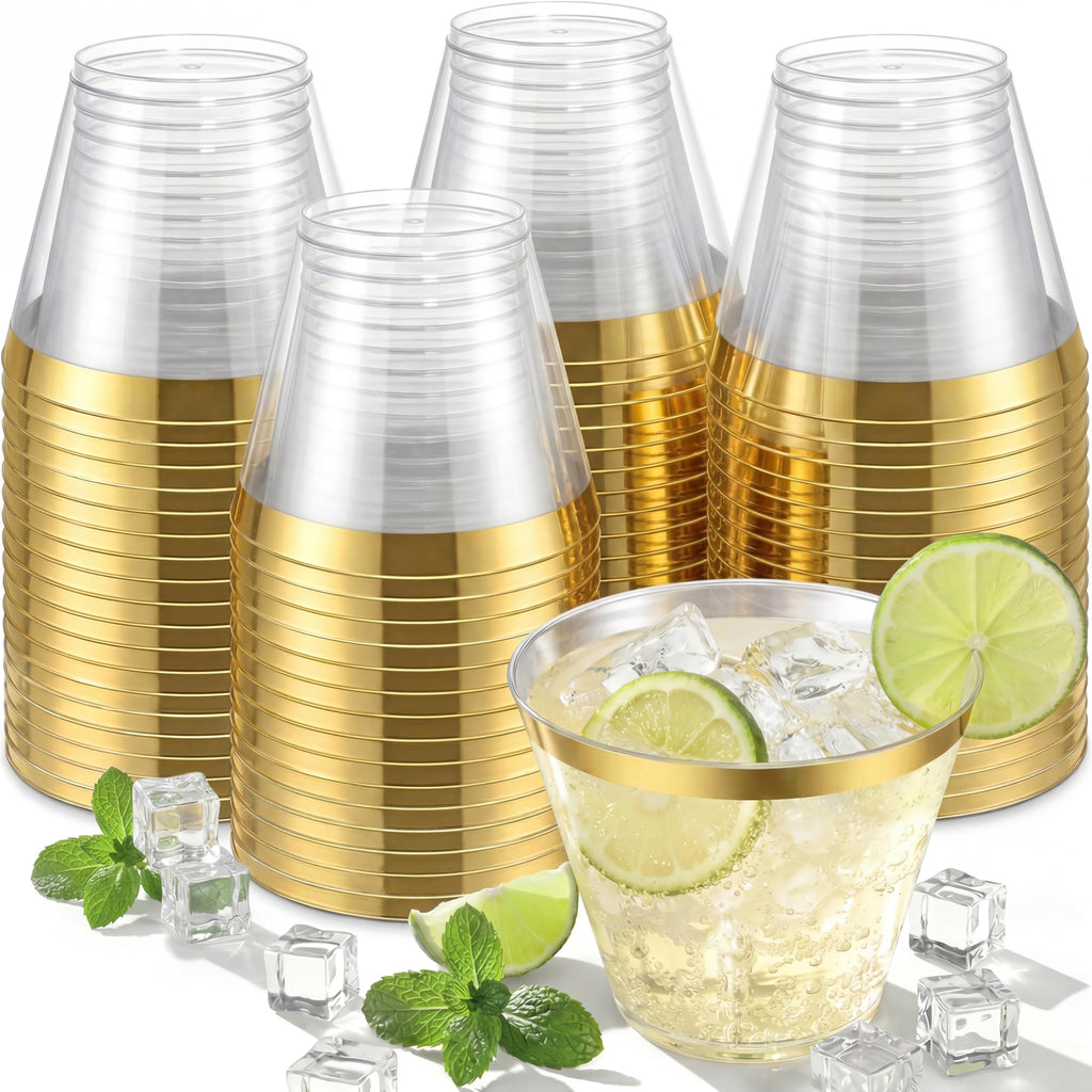 Gold Rimmed Plastic Cups for Weddings & Parties | 120 Pack 9oz