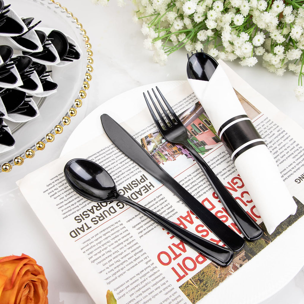120 Pack Black Plastic Silverware Rolled Silverware Disposable | Pre Rolled Silverware Set Disposable Wrapped Cutlery Set for Catering, Parties, Wedding, Birthday& Special Events
