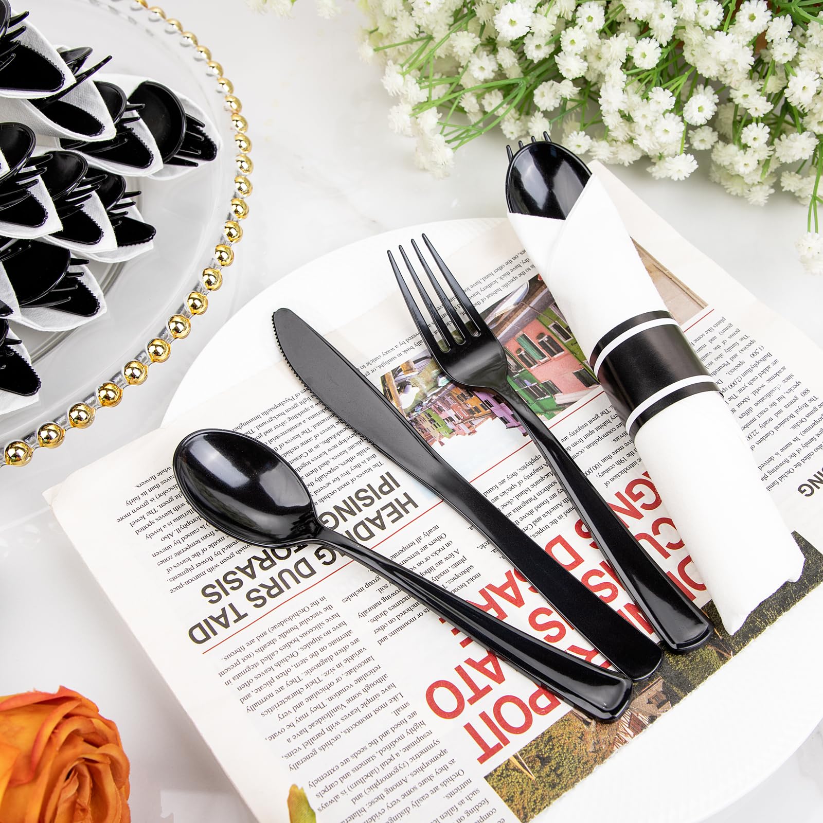 120 Pack Black Plastic Silverware Rolled Silverware Disposable | Pre Rolled Silverware Set Disposable Wrapped Cutlery Set for Catering, Parties, Wedding, Birthday& Special Events