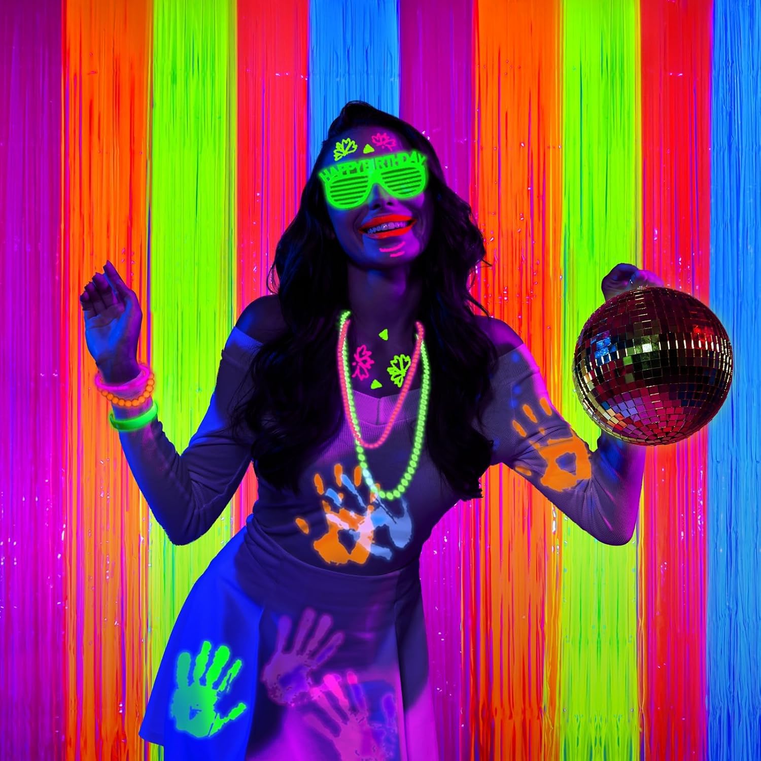 Mega-L Glow in The Dark Party Supplies, Neon Multicolor Backdrop, 2 Pack | Fluorescent Tinsel Foil Fringe Curtains, Neon Backdrop Streamers for Birthday, Halloween, New Year, Graduation Party