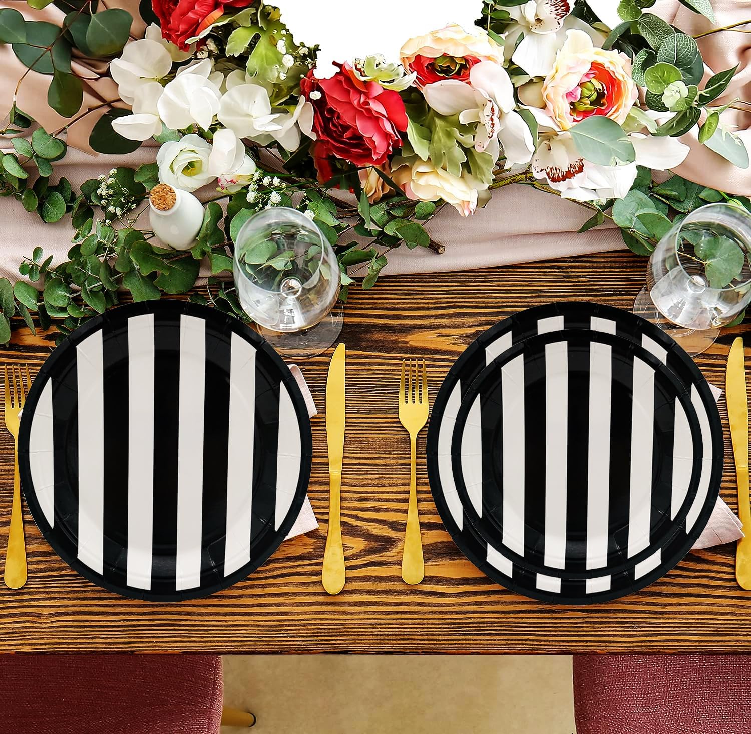 Serve25 175Pcs Black & White Striped Party Supplies - 9" & 7" Striped Paper Plates, Napkins, Cups, Cutlery for Black & White Birthday Party Decorations