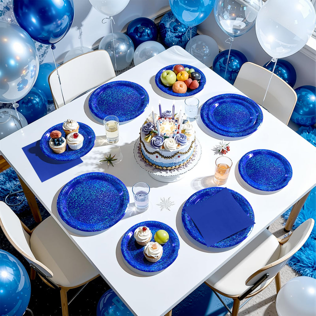 Purple Iridescent Paper Plates & Napkins Set, 75pcs Disposable Party Tableware with 9" Dinner Plates, 7" Dessert Plates & 6.5" Napkins, Holographic Dot Design for Birthday, Music Theme, Night Party