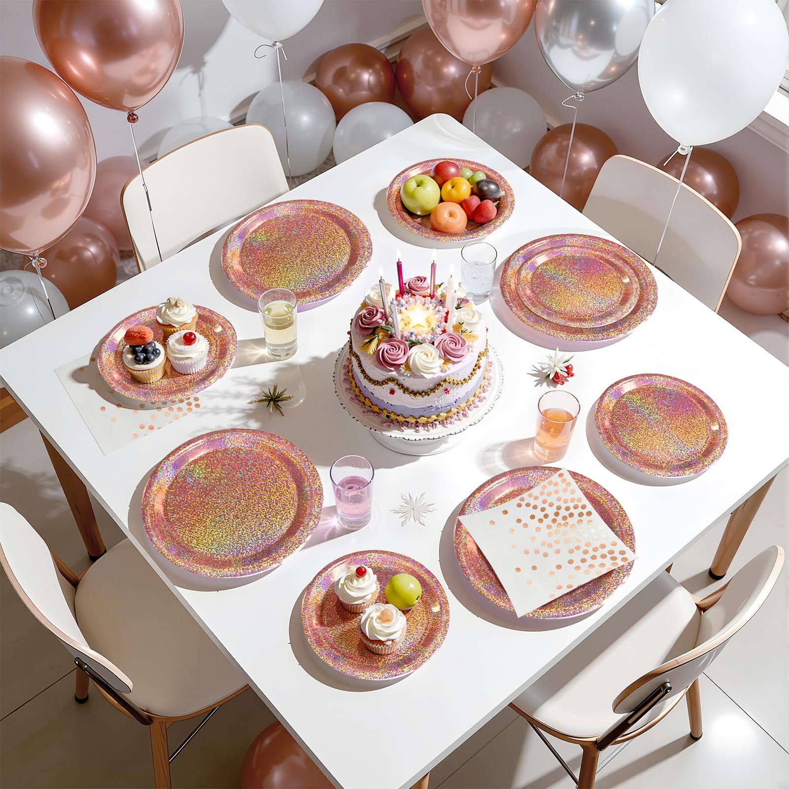 Purple Iridescent Paper Plates & Napkins Set, 75pcs Disposable Party Tableware with 9" Dinner Plates, 7" Dessert Plates & 6.5" Napkins, Holographic Dot Design for Birthday, Music Theme, Night Party