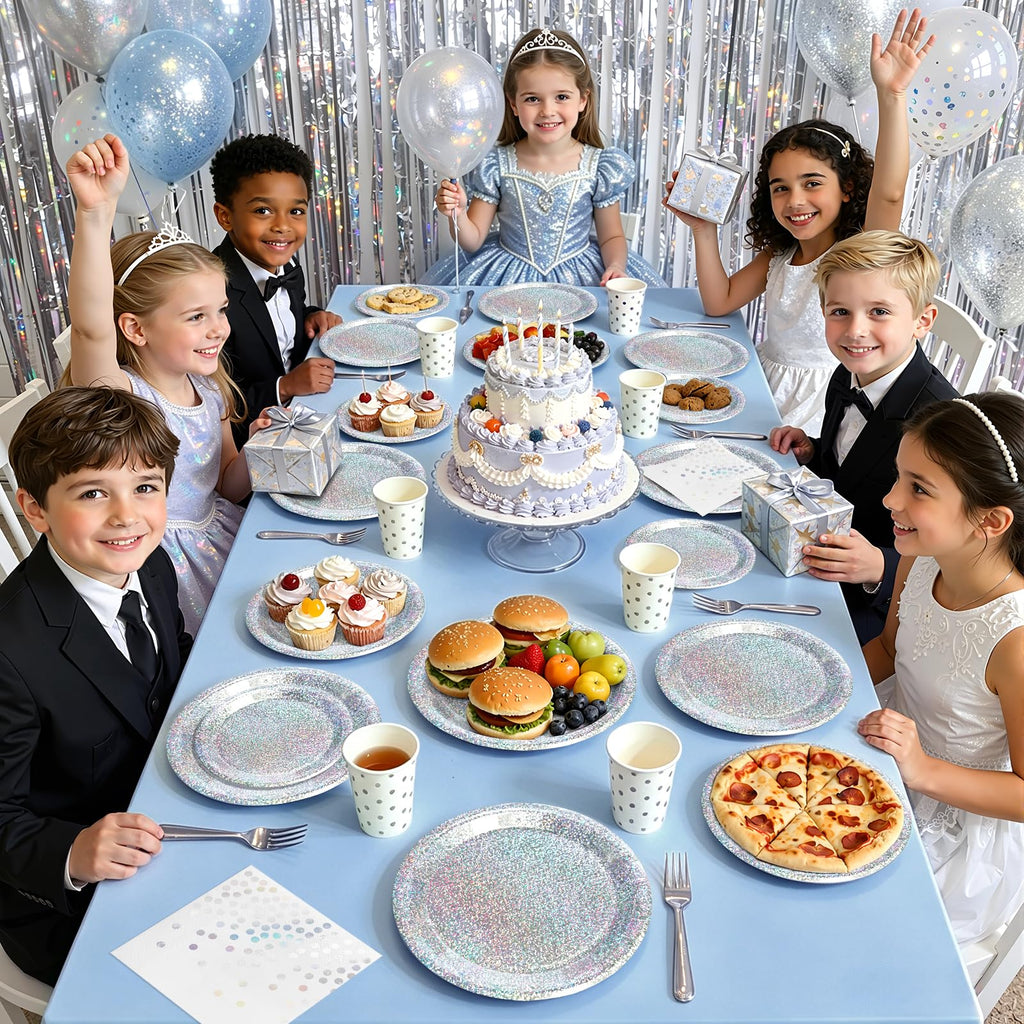 Purple Iridescent Paper Plates & Napkins Set, 75pcs Disposable Party Tableware with 9" Dinner Plates, 7" Dessert Plates & 6.5" Napkins, Holographic Dot Design for Birthday, Music Theme, Night Party