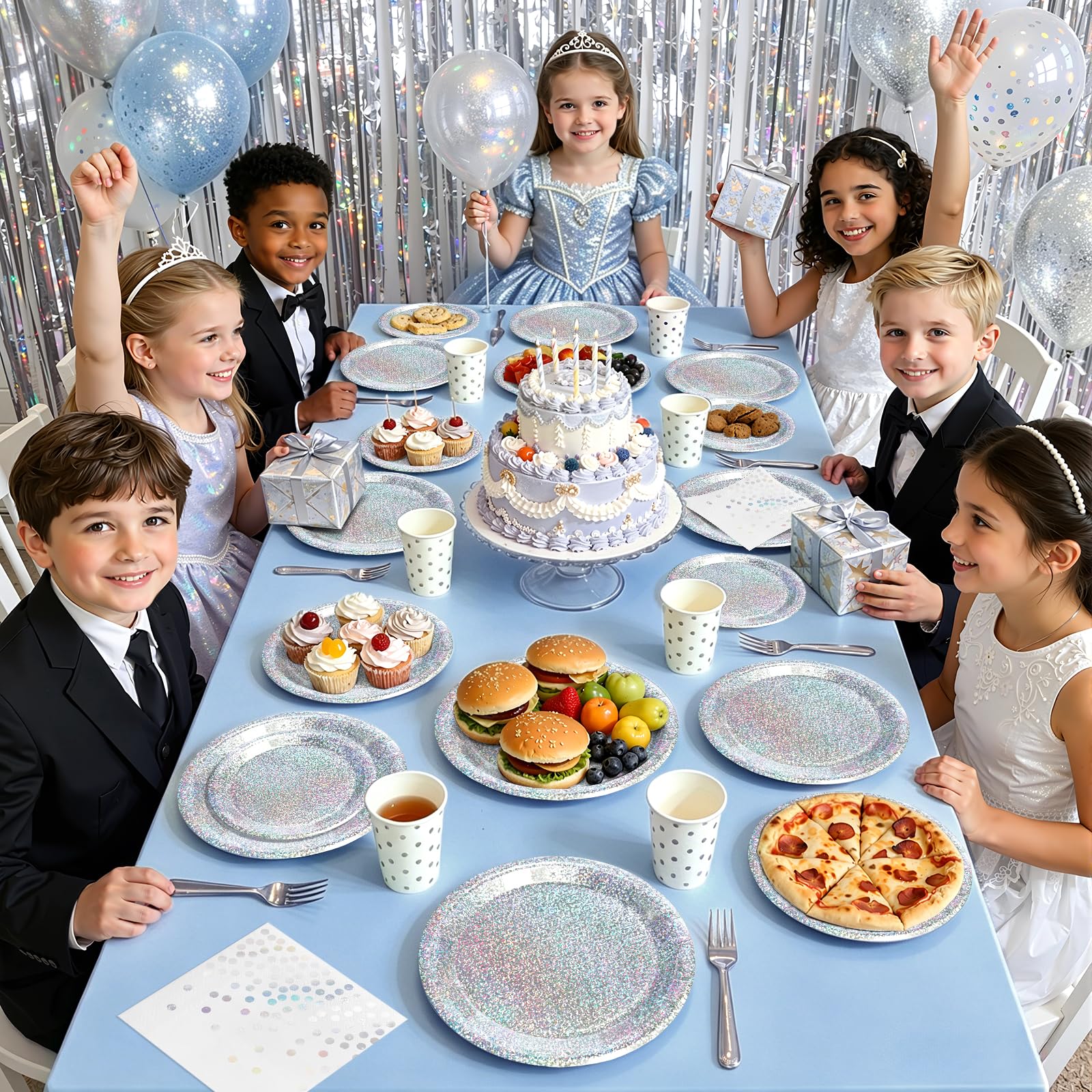 Purple Iridescent Paper Plates & Napkins Set, 75pcs Disposable Party Tableware with 9" Dinner Plates, 7" Dessert Plates & 6.5" Napkins, Holographic Dot Design for Birthday, Music Theme, Night Party
