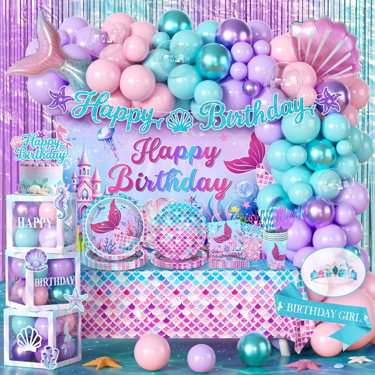 Hand-Drawn Mermaid Birthday Decorations, Under the Sea Party Supplies Kit (Unicorn Birthday)