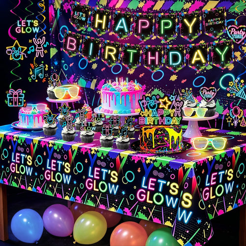118Pcs Glow in the Dark Party Supplies, Neon Party Decorations with Neon Balloon Arch Kit, Backdrop, Tablecloth, Banner, Hanging Swirls, Cake Topper, Glow Party Supplies for 24 Guests