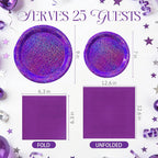 Purple Iridescent Paper Plates & Napkins Set, 75pcs Disposable Party Tableware with 9" Dinner Plates, 7" Dessert Plates & 6.5" Napkins, Holographic Dot Design for Birthday, Music Theme, Night Party