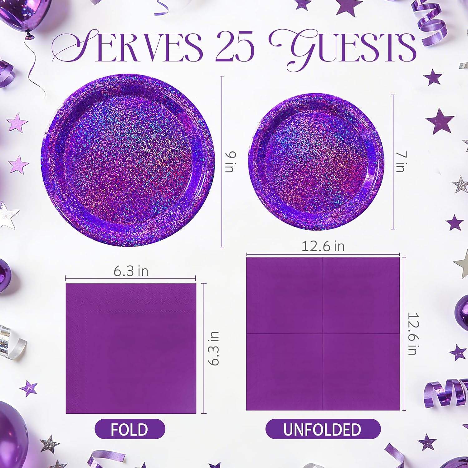 Purple Iridescent Paper Plates & Napkins Set, 75pcs Disposable Party Tableware with 9" Dinner Plates, 7" Dessert Plates & 6.5" Napkins, Holographic Dot Design for Birthday, Music Theme, Night Party
