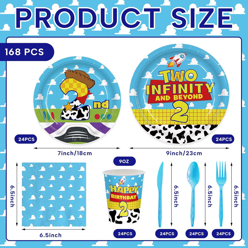 168Pcs 2nd Birthday Paper Plates Napkins Two Years Old Party Supplies | Disposable Tableware Set for Boys Birthday Party Serve 24 Guests